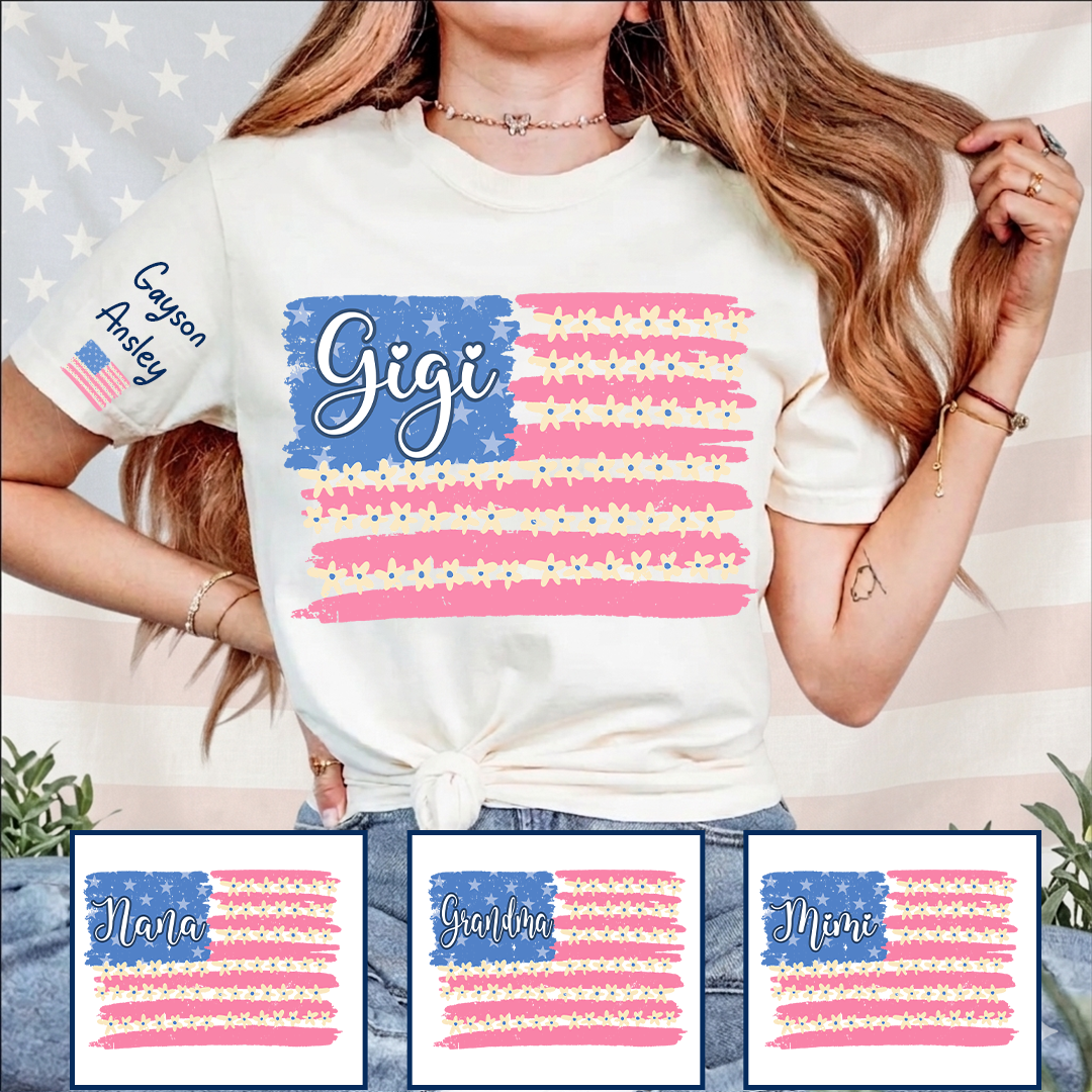 Personalized Gigi Mimi Grandma and Grandkids Patriotic 4th of July America Floral Flag T-shirt