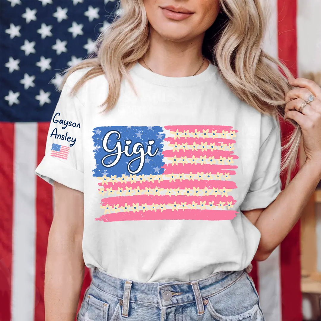Personalized Gigi Mimi Grandma and Grandkids Patriotic 4th of July America Floral Flag T-shirt