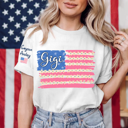 Personalized Gigi Mimi Grandma and Grandkids Patriotic 4th of July America Floral Flag T-shirt