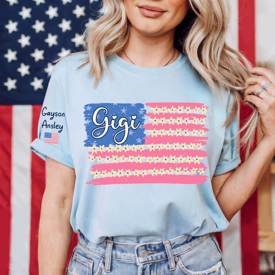Personalized Gigi Mimi Grandma and Grandkids Patriotic 4th of July America Floral Flag T-shirt