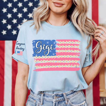 Personalized Gigi Mimi Grandma and Grandkids Patriotic 4th of July America Floral Flag T-shirt