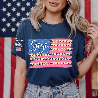 Personalized Gigi Mimi Grandma and Grandkids Patriotic 4th of July America Floral Flag T-shirt