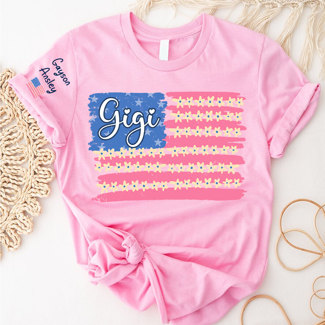 Personalized Gigi Mimi Grandma and Grandkids Patriotic 4th of July America Floral Flag T-shirt