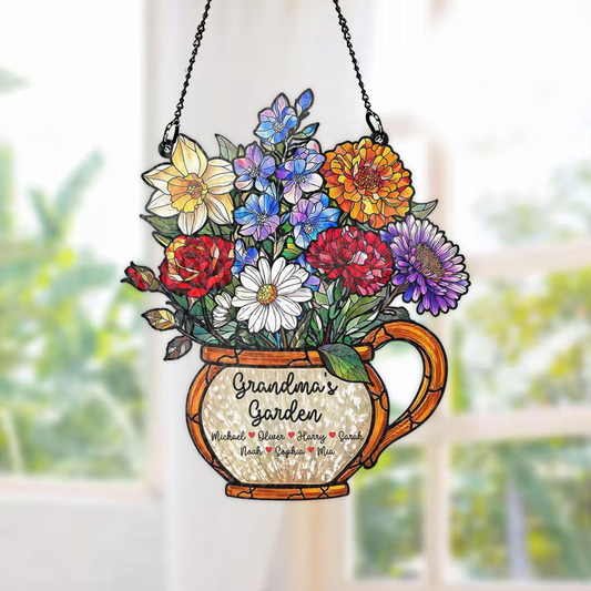 Personalized Grandma's Garden Suncatcher, Birth Month Flower Stained Glass Acrylic Window Hanging, Mother's Day Gift, Grandma Gift, Mom Gift
