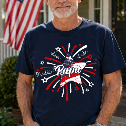 Personalized 4th of July Papa Shirt, Custom Grandpa And Grandkids Star Firework American Flag