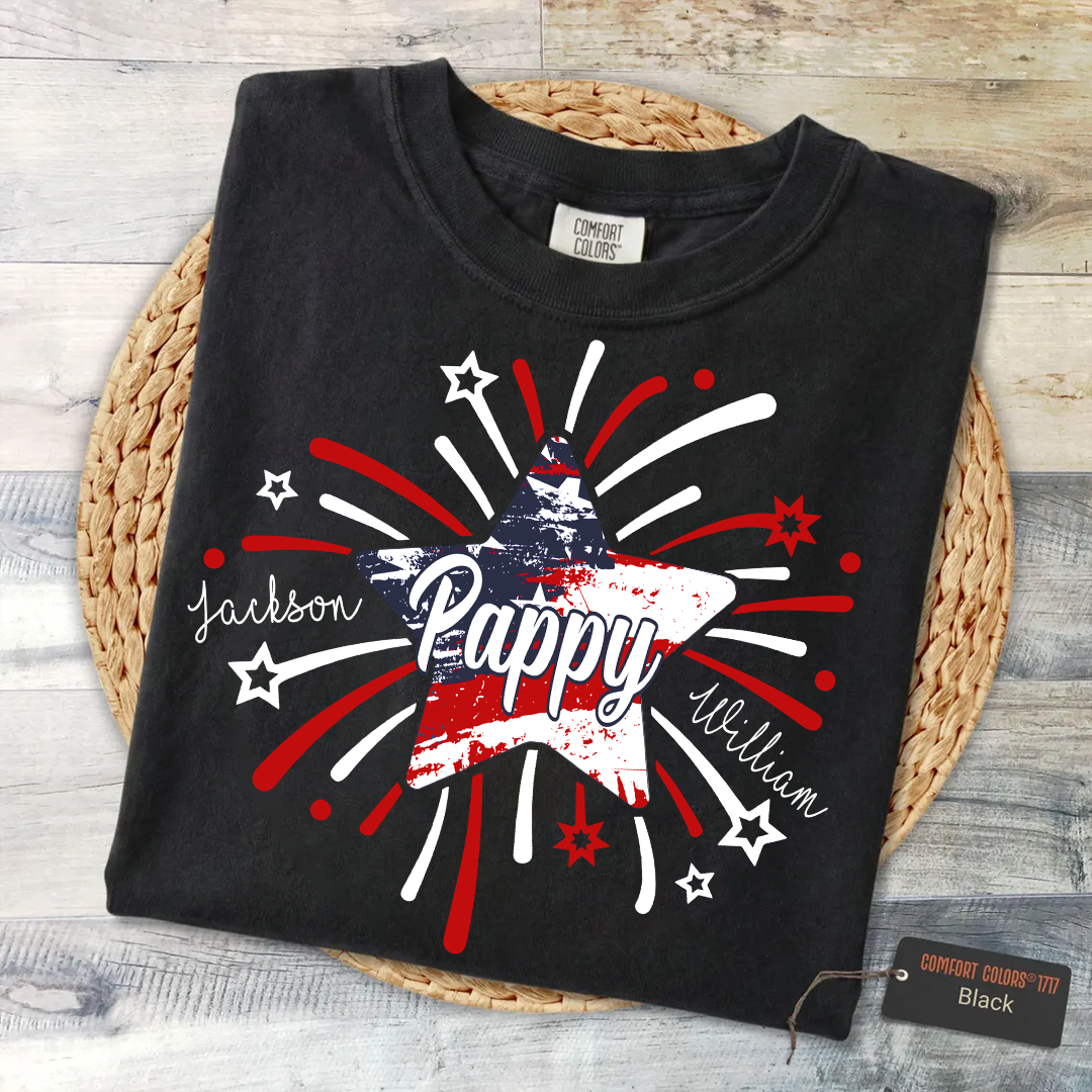 Personalized 4th of July Papa Shirt, Custom Grandpa And Grandkids Star Firework American Flag