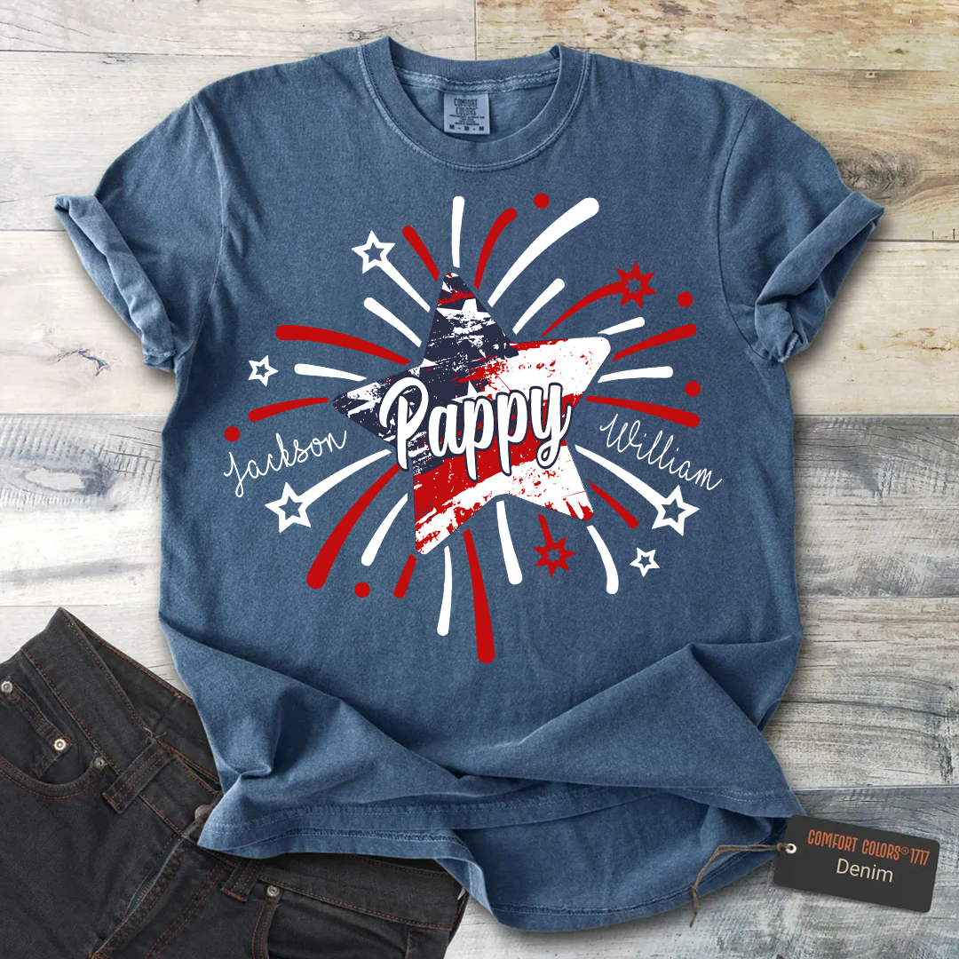 Personalized 4th of July Papa Shirt, Custom Grandpa And Grandkids Star Firework American Flag