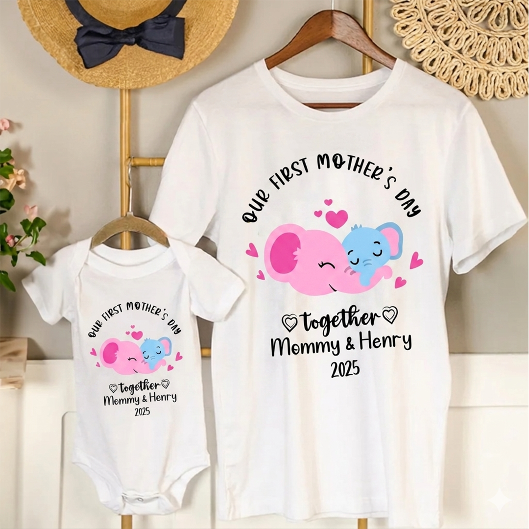 Personalized Our First Mother's Day Baby Onesie with Name Elephant Cute Gift for Newborn