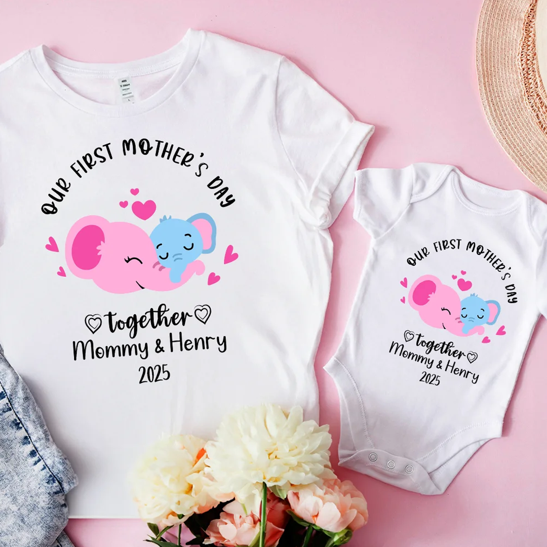 Personalized Our First Mother's Day Baby Onesie with Name Elephant Cute Gift for Newborn