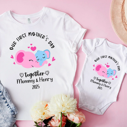 Personalized Our First Mother's Day Baby Onesie with Name Elephant Cute Gift for Newborn