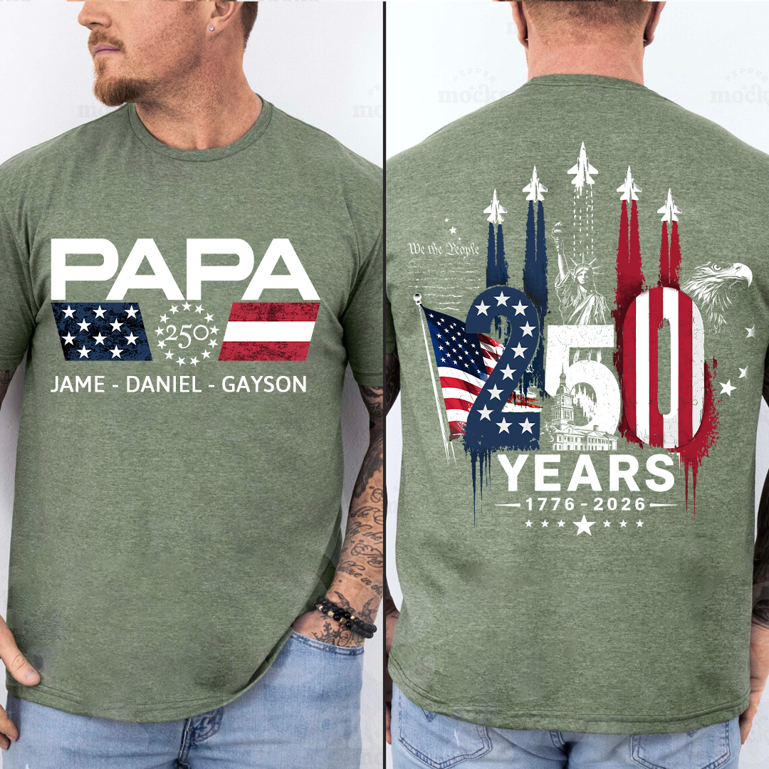 Personalized Papa Grandpa Dad and Grandkids Patriotic American Pride,  American Flag, USA 250th Anniversary T-Shirt