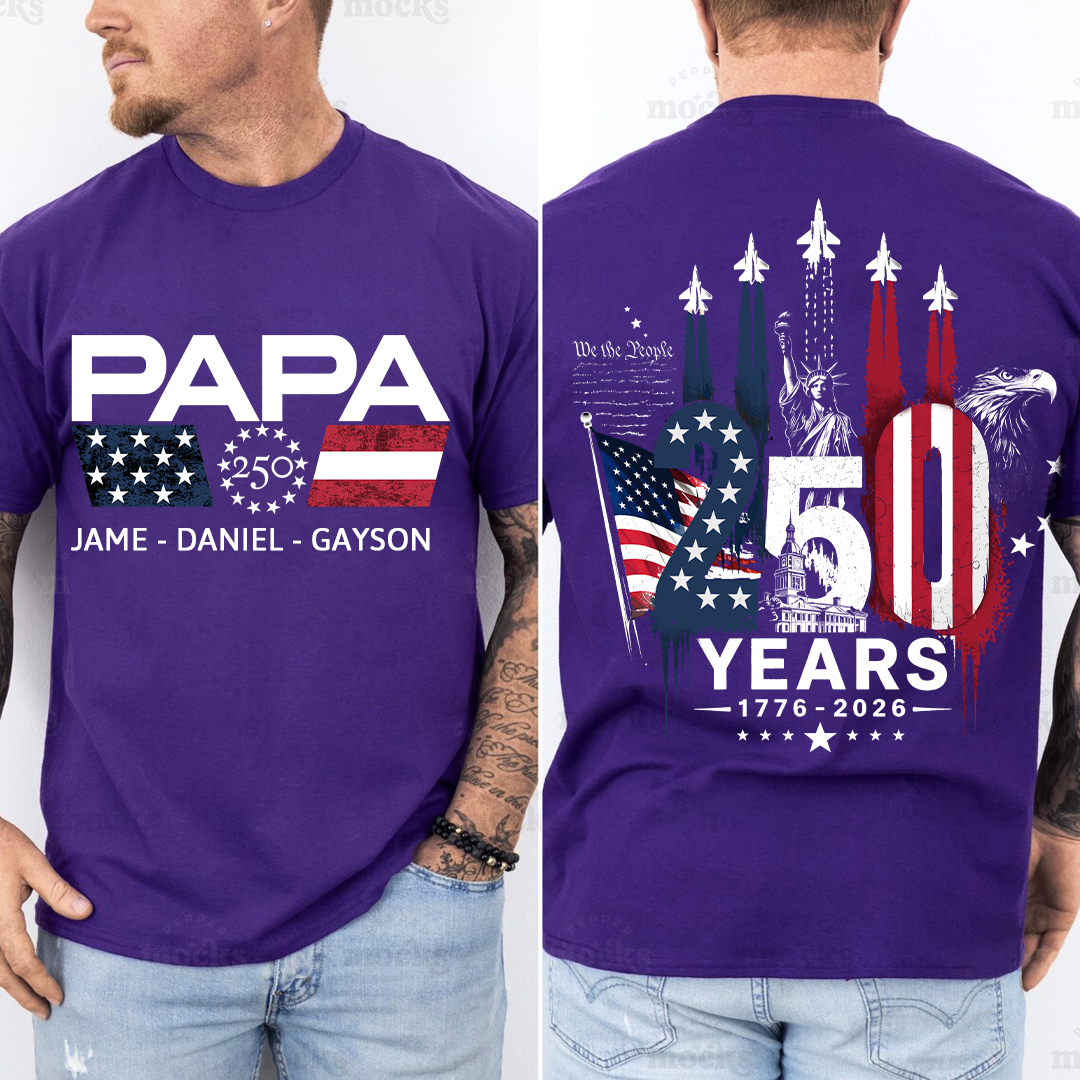 Personalized Papa Grandpa Dad and Grandkids Patriotic American Pride,  American Flag, USA 250th Anniversary T-Shirt