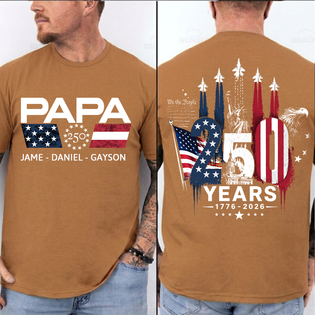 Personalized Papa Grandpa Dad and Grandkids Patriotic American Pride,  American Flag, USA 250th Anniversary T-Shirt