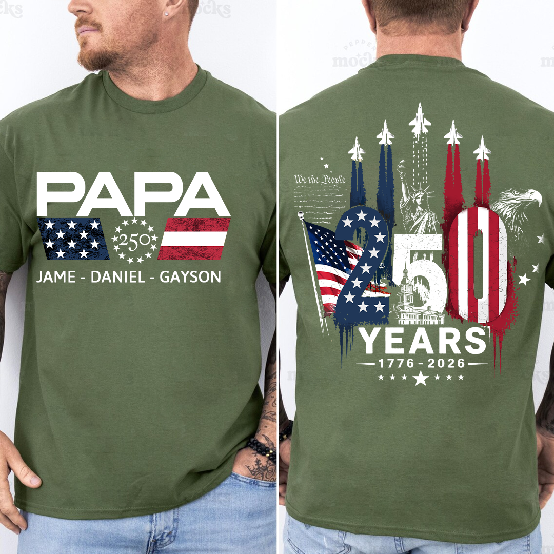 Personalized Papa Grandpa Dad and Grandkids Patriotic American Pride,  American Flag, USA 250th Anniversary T-Shirt