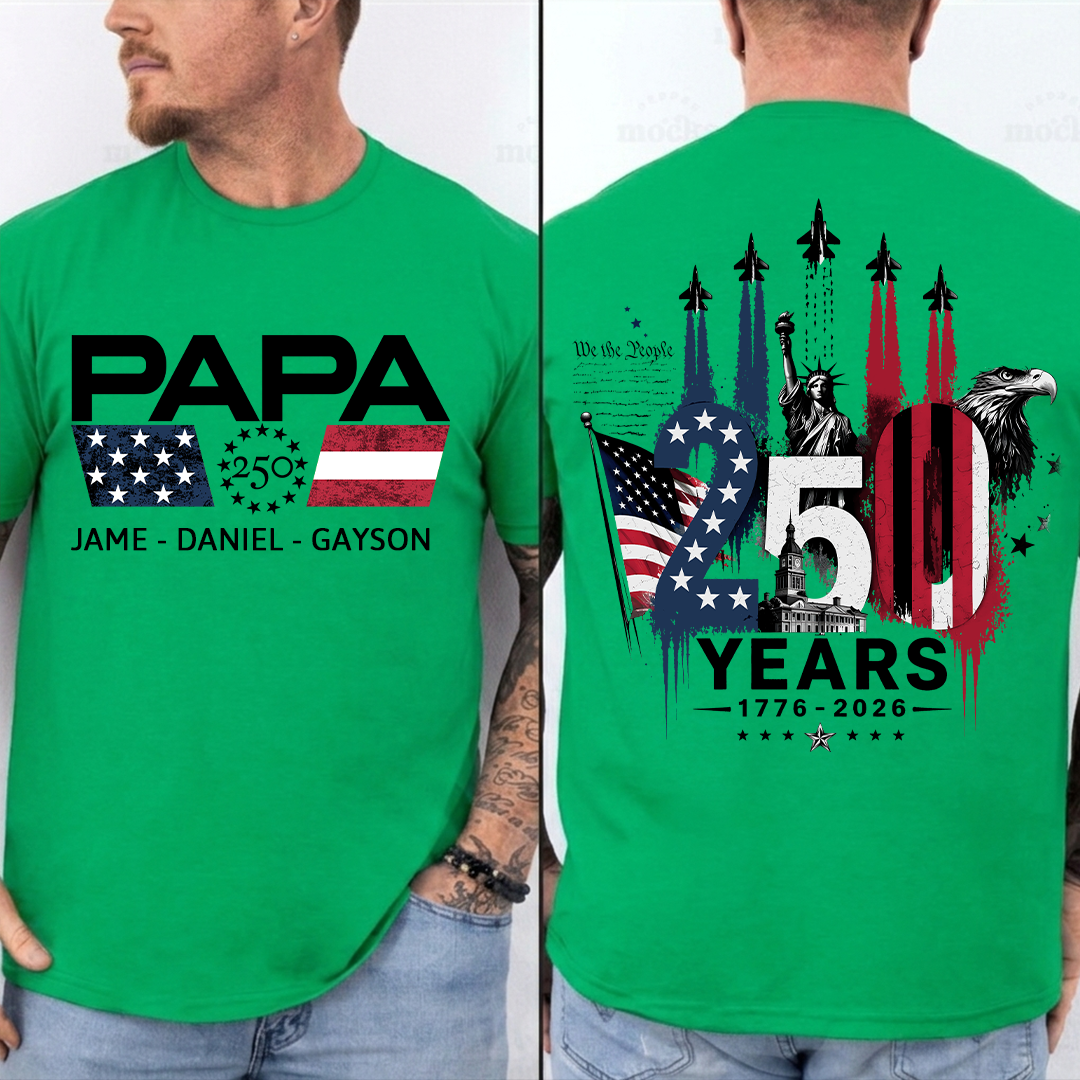 Personalized Papa Grandpa Dad and Grandkids Patriotic American Pride,  American Flag, USA 250th Anniversary T-Shirt