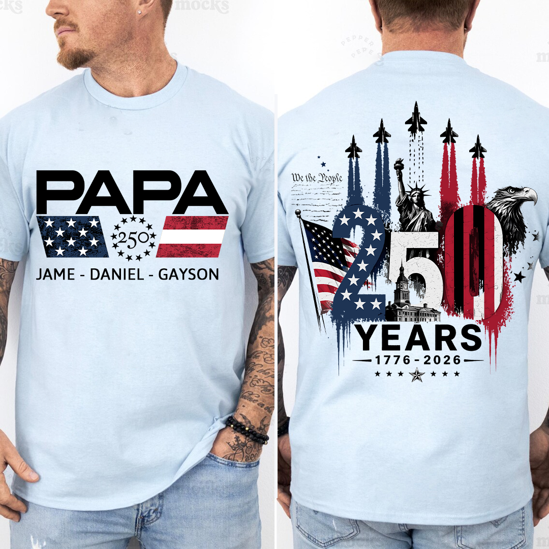 Personalized Papa Grandpa Dad and Grandkids Patriotic American Pride,  American Flag, USA 250th Anniversary T-Shirt