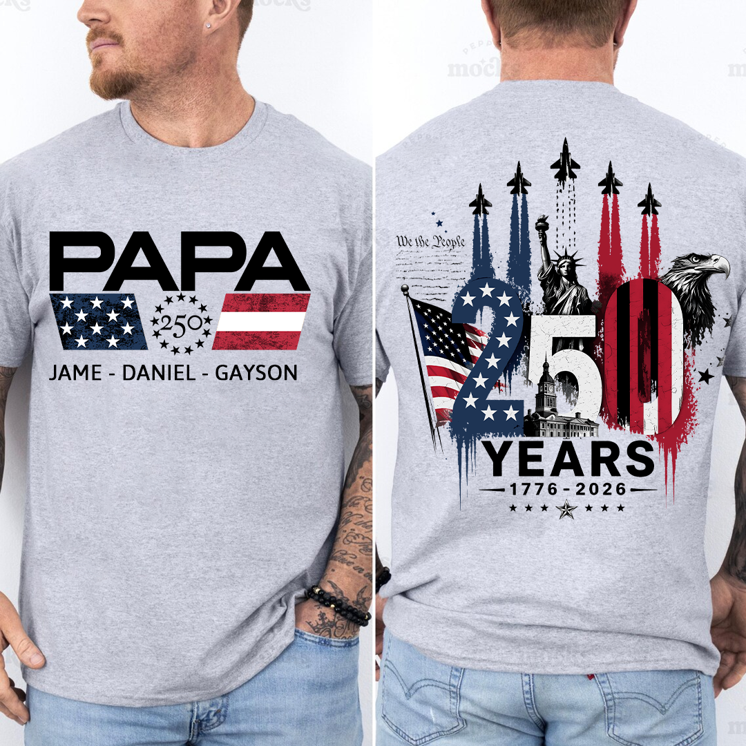 Personalized Papa Grandpa Dad and Grandkids Patriotic American Pride,  American Flag, USA 250th Anniversary T-Shirt
