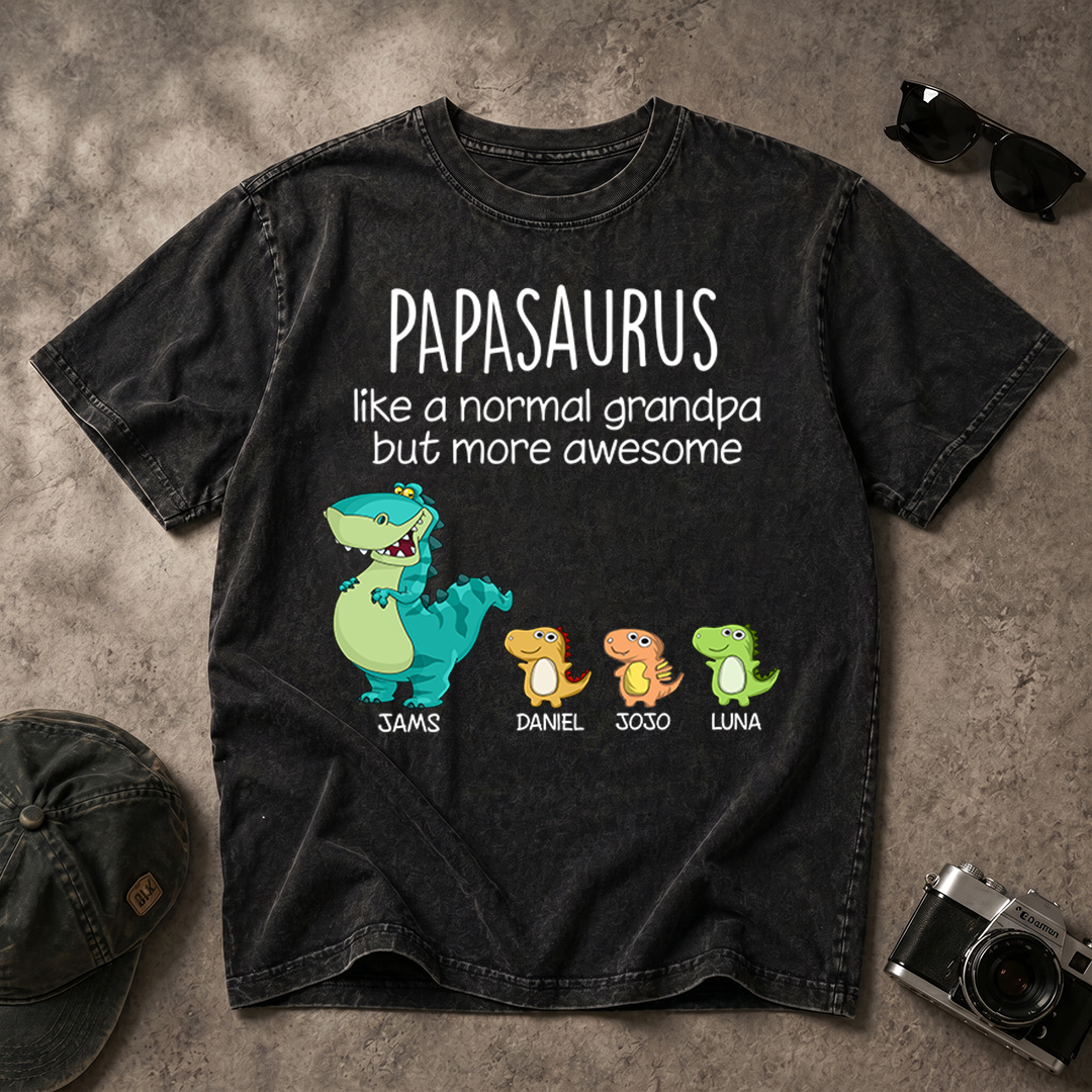 Personalized Papa Saurus, Custom Papa and Grandkids Father's Day Gift Mineral Wash T-Shirt