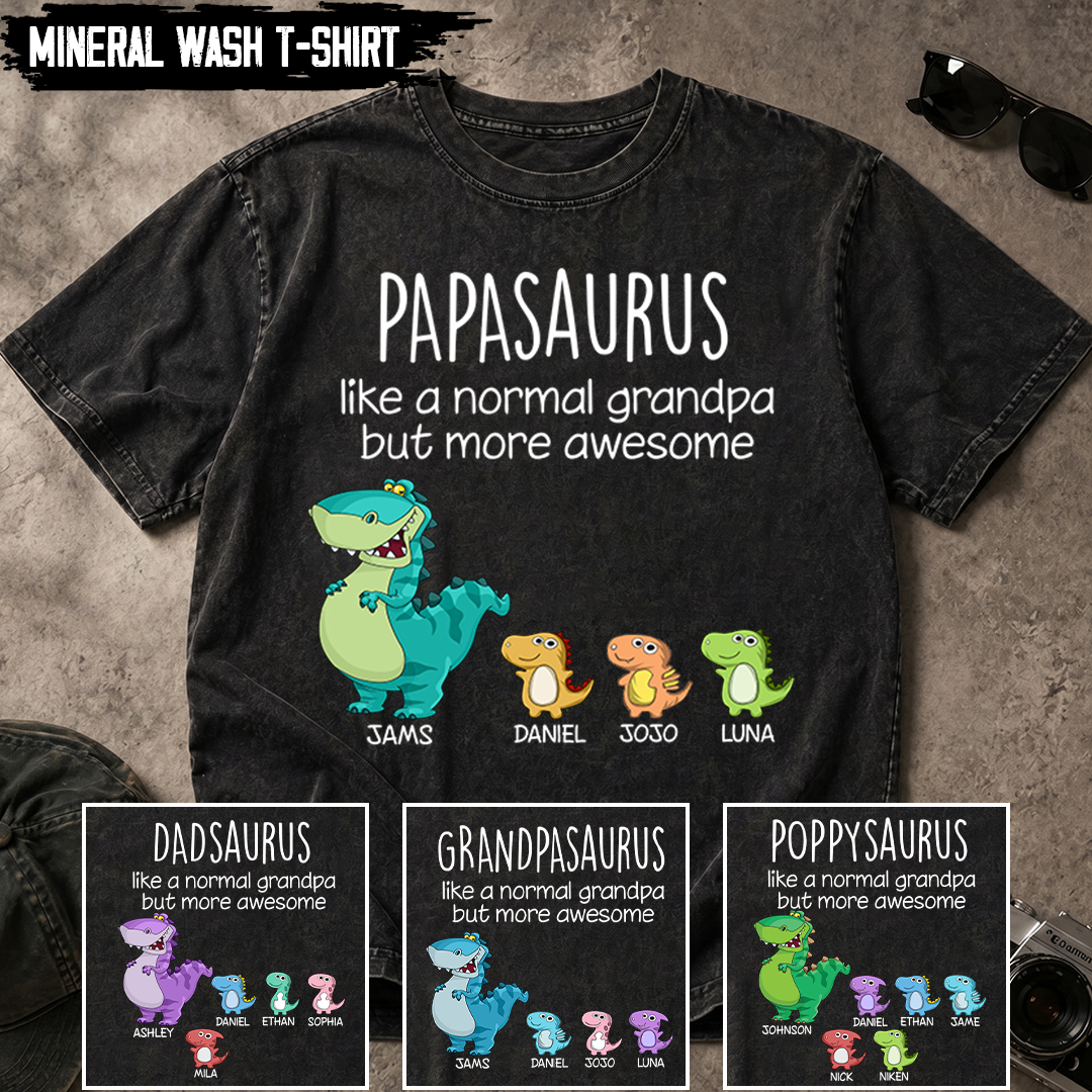 Personalized Papa Saurus, Custom Papa and Grandkids Father's Day Gift Mineral Wash T-Shirt