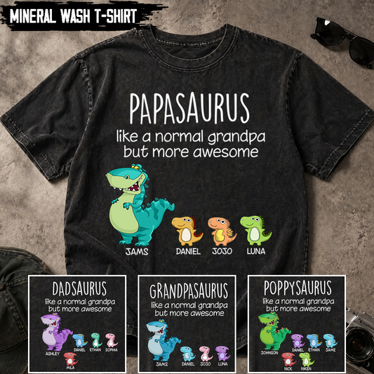Personalized Papa Saurus, Custom Papa and Grandkids Father's Day Gift Mineral Wash T-Shirt