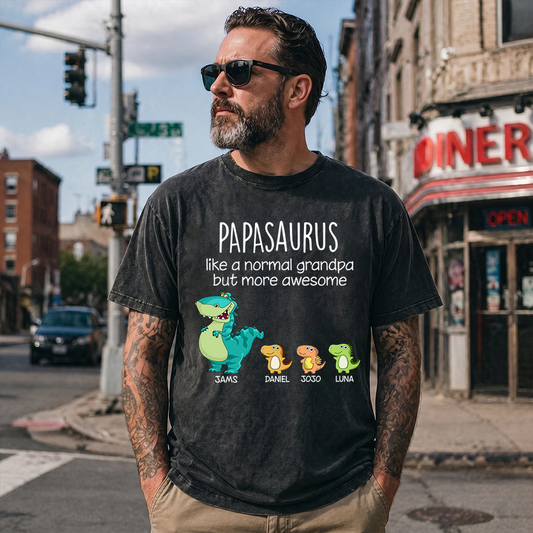 Personalized Papa Saurus, Custom Papa and Grandkids Father's Day Gift Mineral Wash T-Shirt