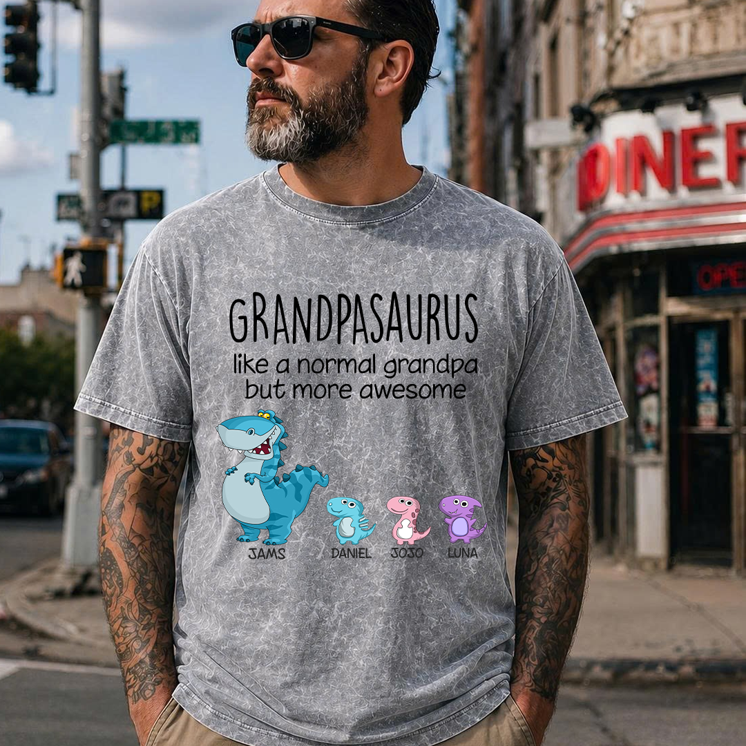 Personalized Papa Saurus, Custom Papa and Grandkids Father's Day Gift Mineral Wash T-Shirt