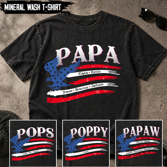 Personalized Papa and Grandkids with American Flag Eagle Mineral Wash T-Shirt
