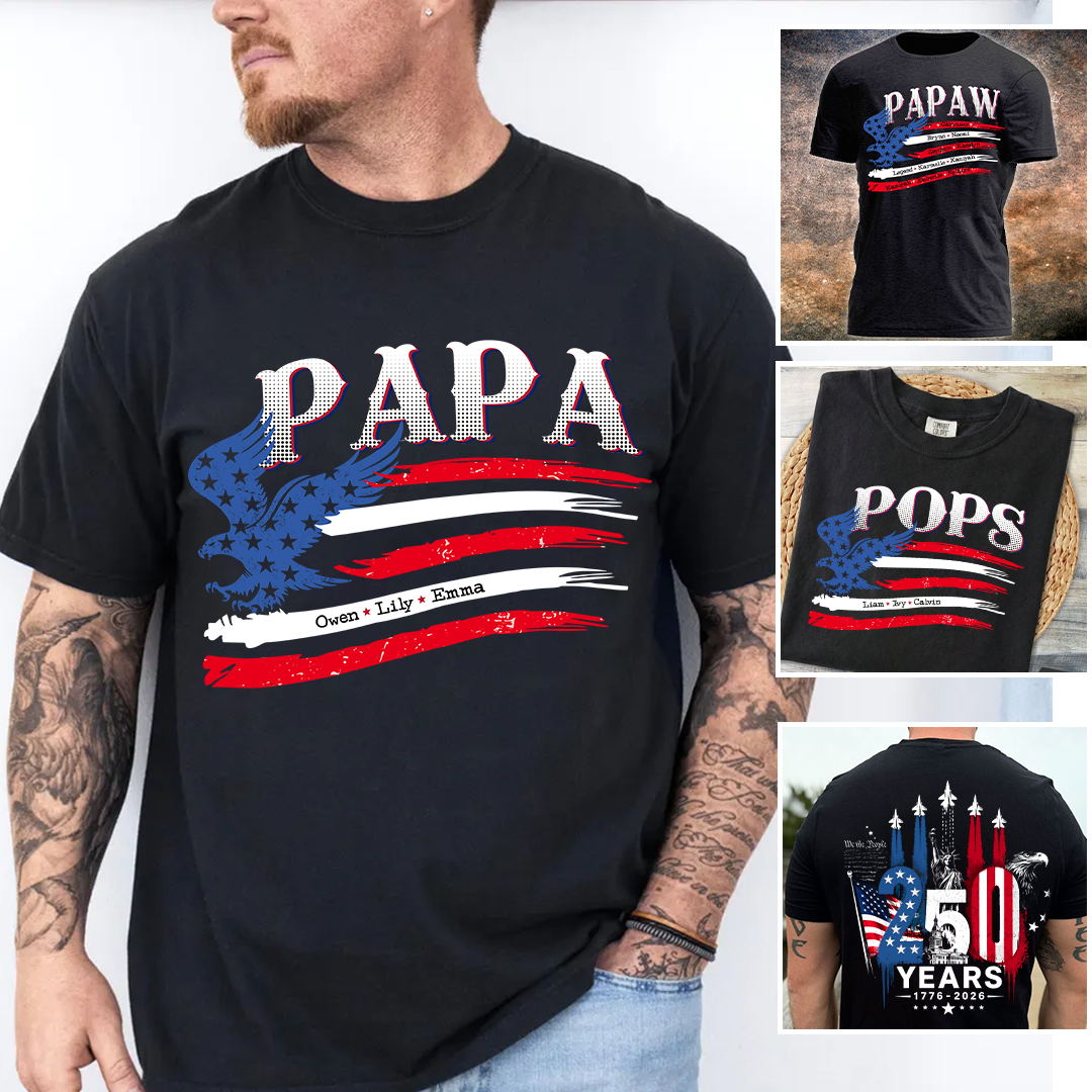 Personalized Papa and Grandkids with American Flag Eagle, American Flag, USA 250th Anniversary