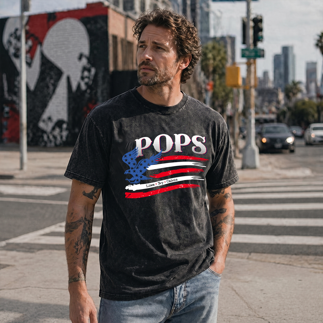 Personalized Papa and Grandkids with American Flag Eagle Mineral Wash T-Shirt