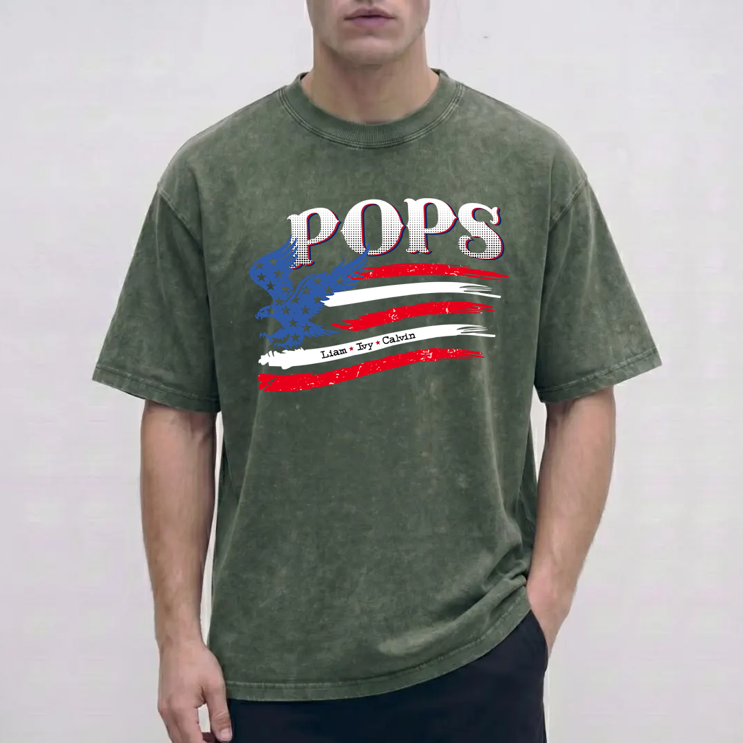 Personalized Papa and Grandkids with American Flag Eagle Mineral Wash T-Shirt