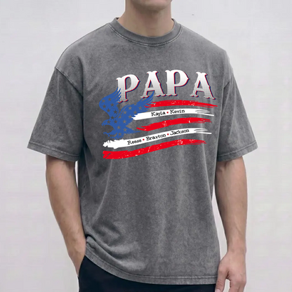 Personalized Papa and Grandkids with American Flag Eagle Mineral Wash T-Shirt