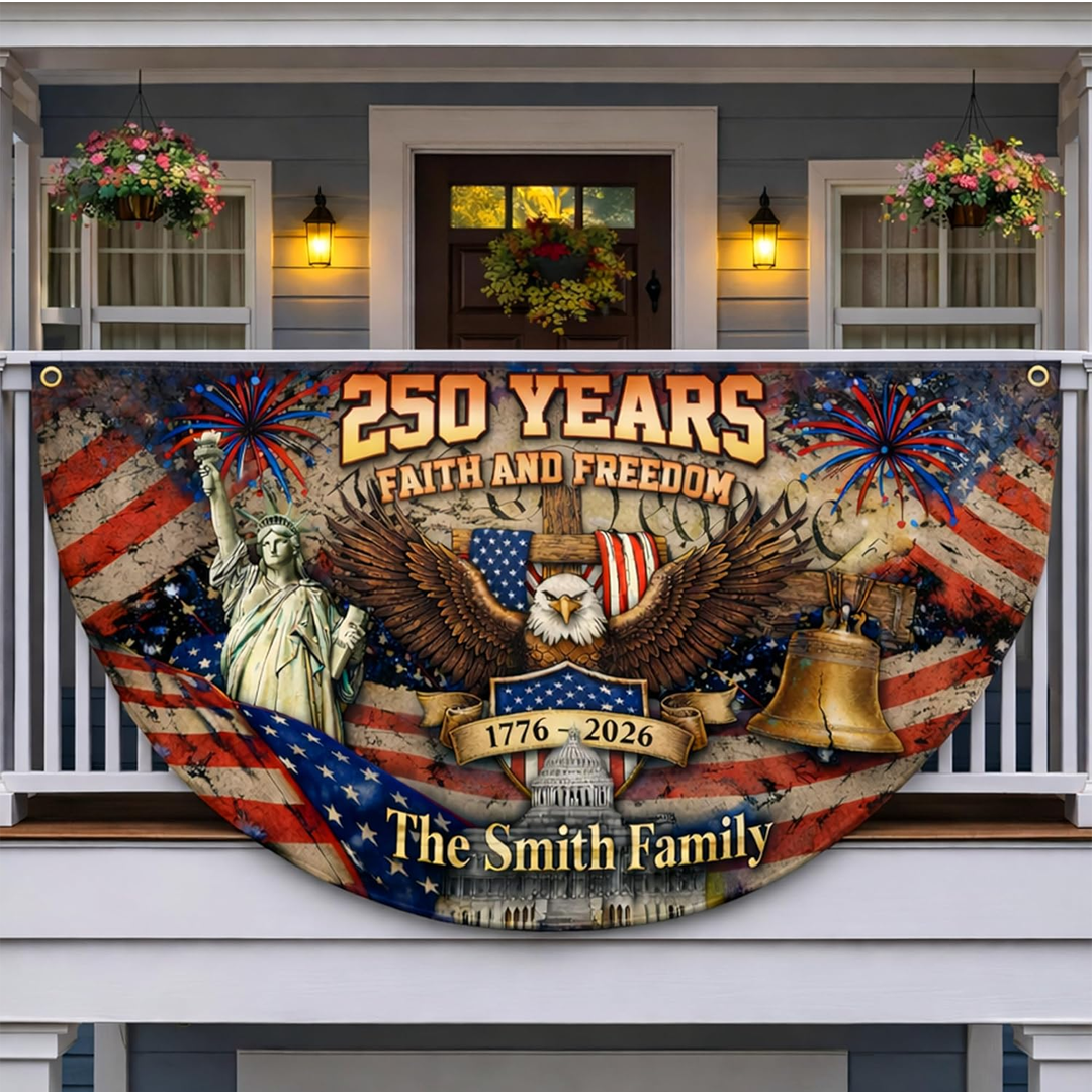 Personalized USA 250th Anniversary Bunting Flag with Family Name, America 1776-2026 Patriotic Eagle Design Banner