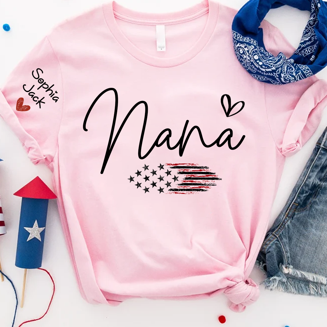 Personalized Nana American Flag T-Shirt, Custom Design with Name, Patriotic Family Shirt for 4th of July, Gifts for Mother's Day, Birthday
