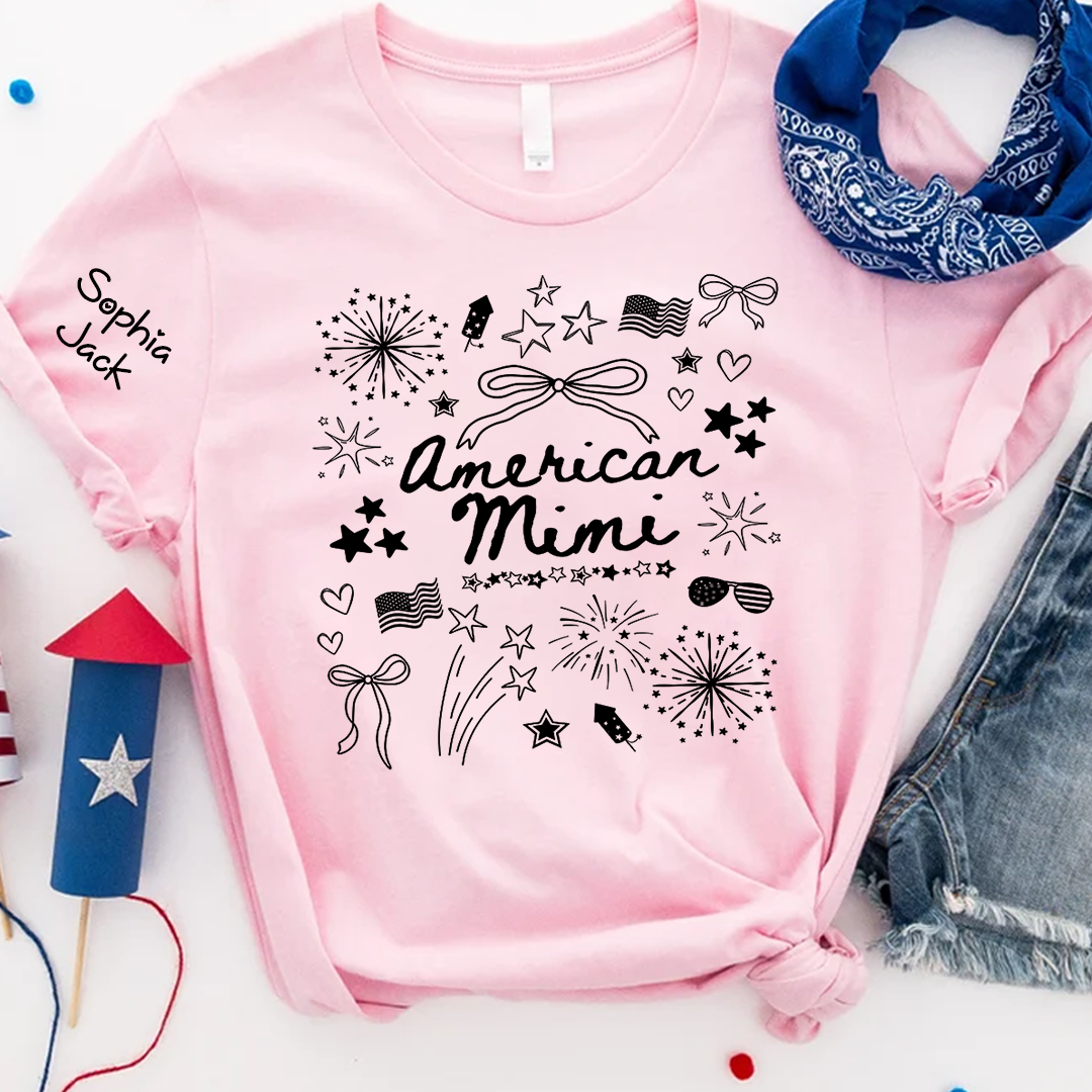 Personalized American Mimi T-Shirt Custom Family Nickname Shirt with Firework Design for 4th of July, Gifts for Mother's Day, Birthday