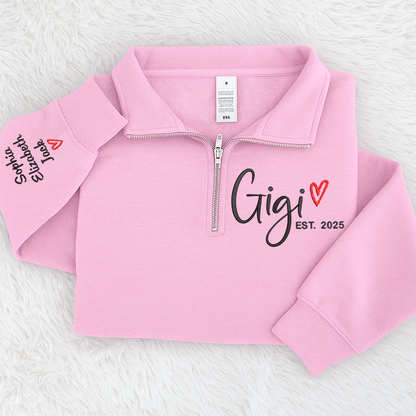 Custom Gigi Heart Est Sweatshirt, Personalized Gigi And Grandkids Embroidered Quarter Zip Sweater
