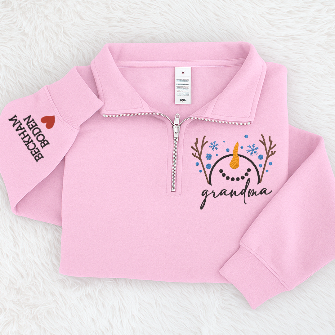 Custom Embroidered Grandma Snowman Sweatshirt And Grandkids Quarter Zip Sweater