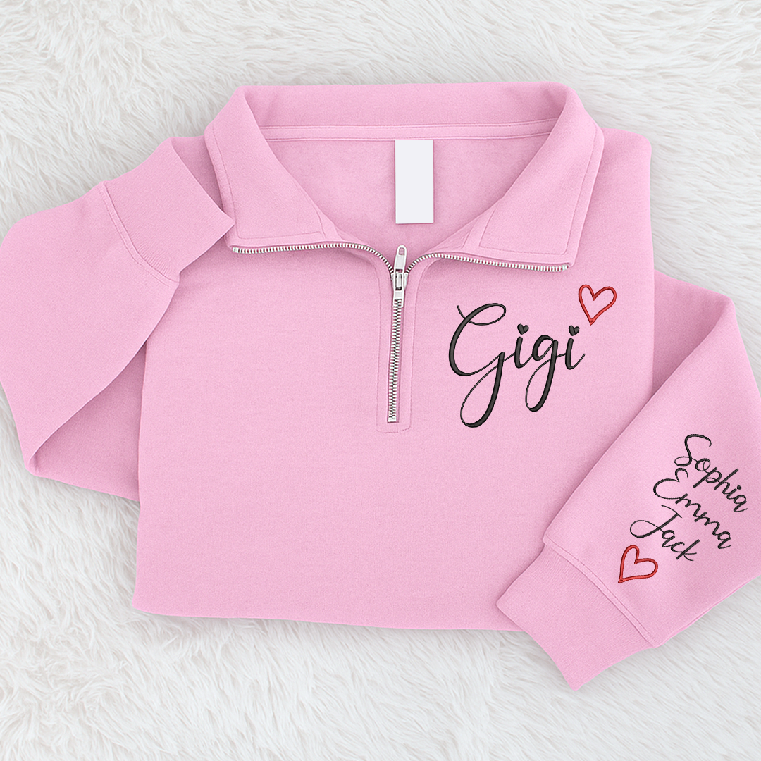 Gigi Heart Sweatshirt, Personalized Gigi Embroidered Quarter Zip Sweater