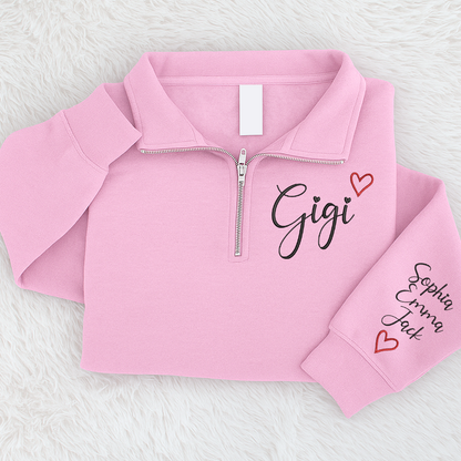 Gigi Heart Sweatshirt, Personalized Gigi Embroidered Quarter Zip Sweater