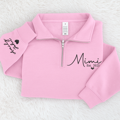 Mimi Heart Est Sweatshirt, Mimi And Grandkids Embroidered Quarter Zip Sweater