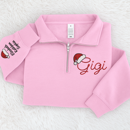 Gigi hat santa Merry Christmas Sweatshirt, Grandma And Grandkids Embroidered Quarter Zip Sweater
