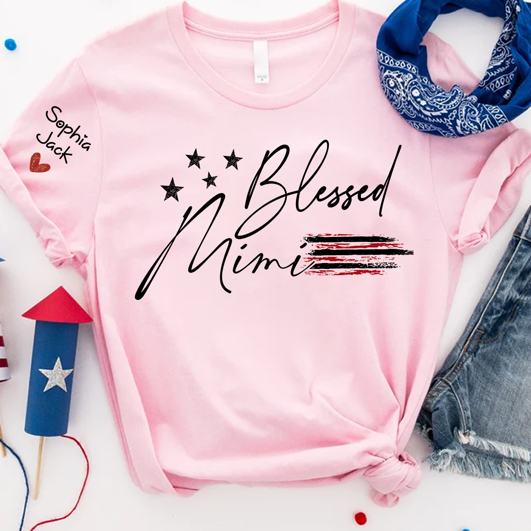 Personalized Blessed Mimi Flag American T-shirt, Custom Family Nickname Shirt with USA Flag Design for 4th of July, Perfect for Nana, Gigi, Grandma