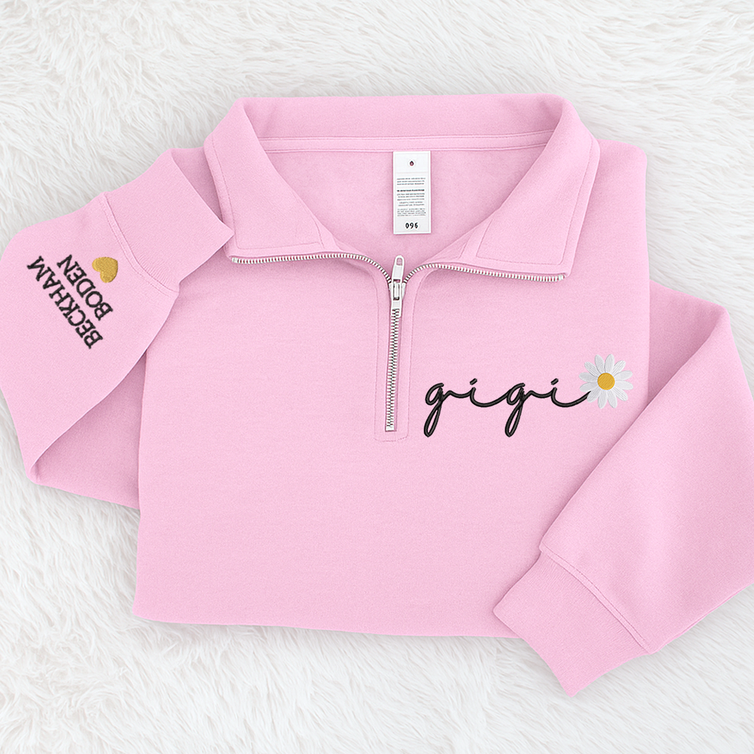 Custom Embroidered Gigi daisy flower Sweatshirt And Grandkids Quarter Zip Sweater