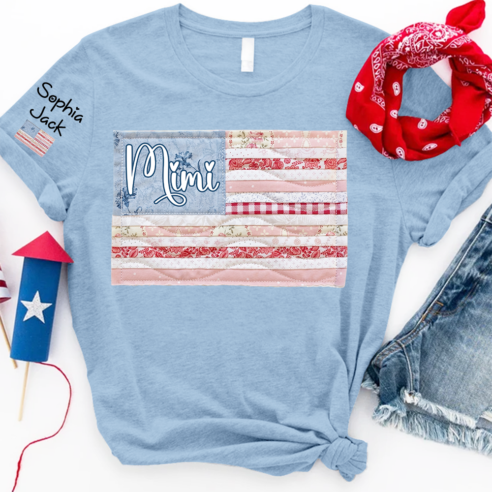 Personalized Mimi Patriotic Patchwork Flag Shirt with Custom Kids Names on Sleeve, Vintage Family Grandma Tee for Women, 4th of July Birthday Shirt