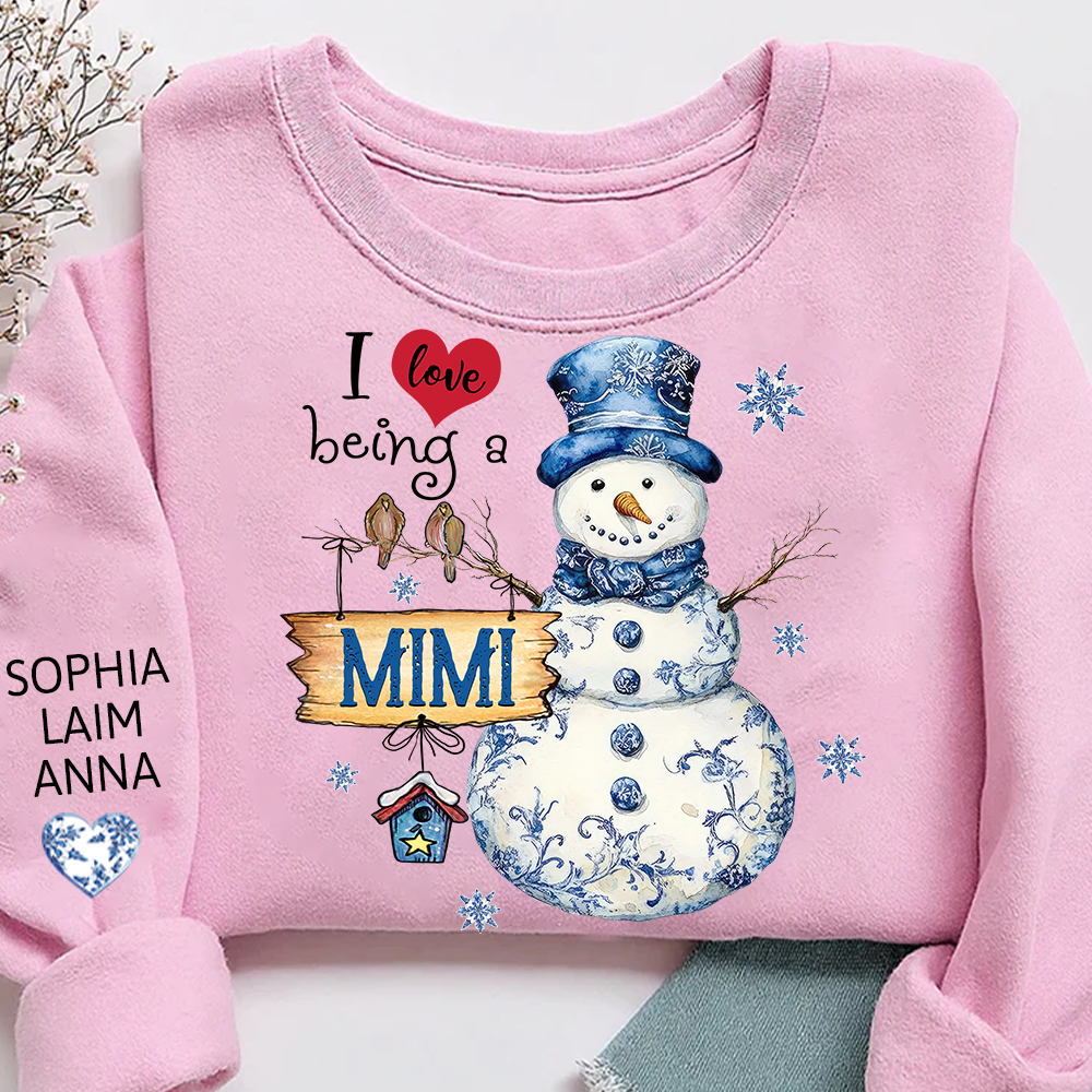Personalized I Love Being a Mimi Snowman blue toile Sweatshirt and Grandkids Name Winter Design