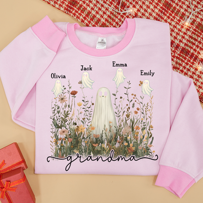 Grandma Cute Ghost in Wildflowers And Grandkids Fall Sweatshirt Mix