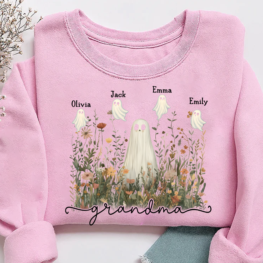 Grandma Cute Ghost in Wildflowers Halloween And Grandkids Sweatshirt