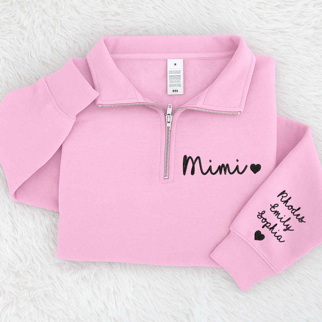 Personalized Mimi Heart Sweatshirt, Mimi And Grandkids Embroidered Quarter Zip Sweater