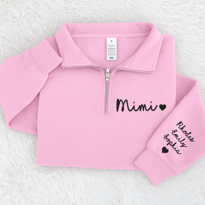 Personalized Mimi Heart Sweatshirt, Mimi And Grandkids Embroidered Quarter Zip Sweater