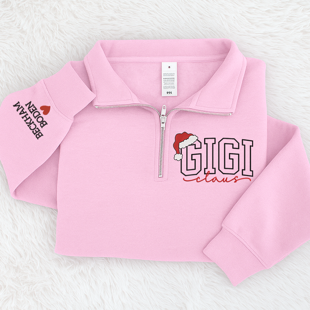 Custom Embroidered Gigi claus Sweatshirt And Grandkids Quarter Zip Sweater
