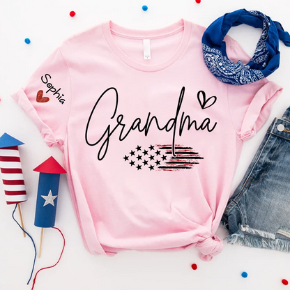 Personalized Grandma American Flag T-Shirt, Custom Design with Name, Patriotic Family Shirt for 4th of July, Gifts for Mother's Day, Birthday